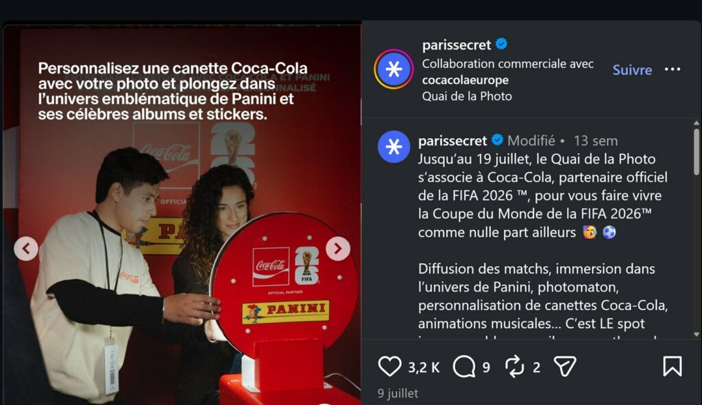 Publication Instagram de Paris Secret du 9 juillet sur le Club Coca-Cola, avec une photo du reportage