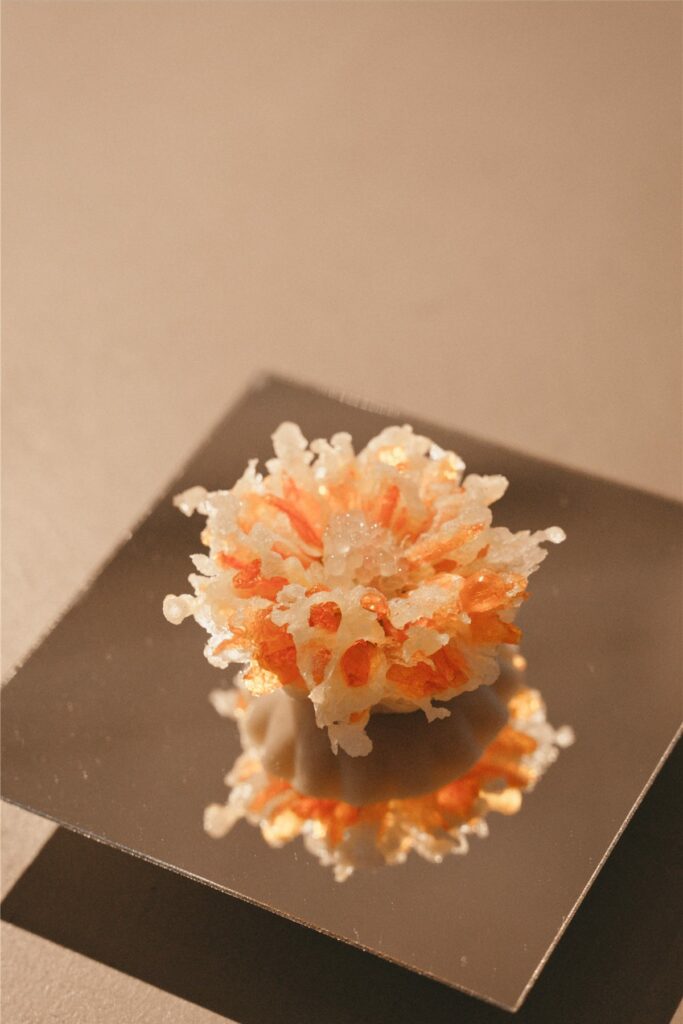 Dessert sculptural aux tons orangés servi lors du dîner Merit