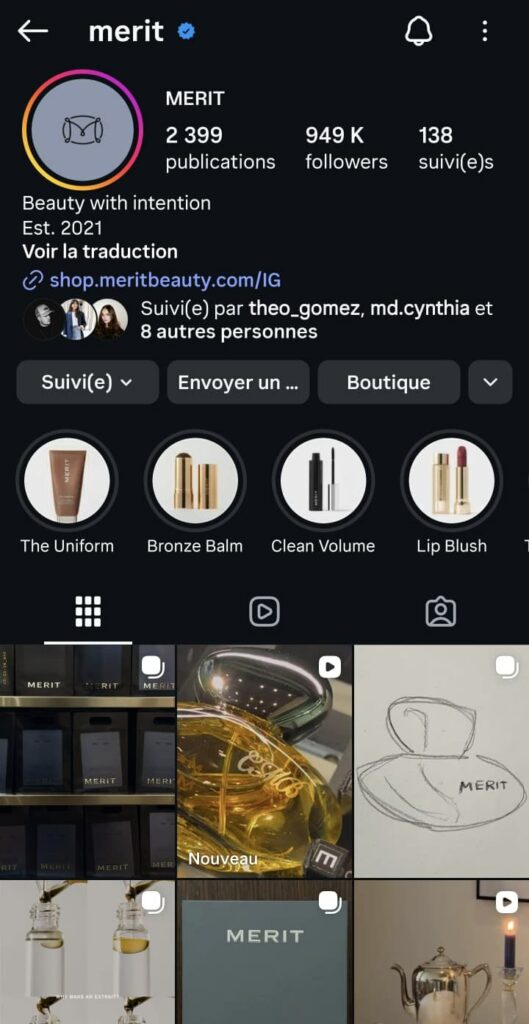 Profil Instagram de la marque Merit, près de 950 000 abonnés
