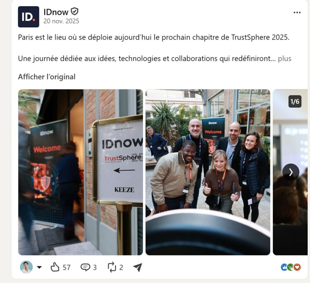 Publication LinkedIn d'IDnow du 20 novembre 2025 présentant les photos de l'accueil de TrustSphere Paris