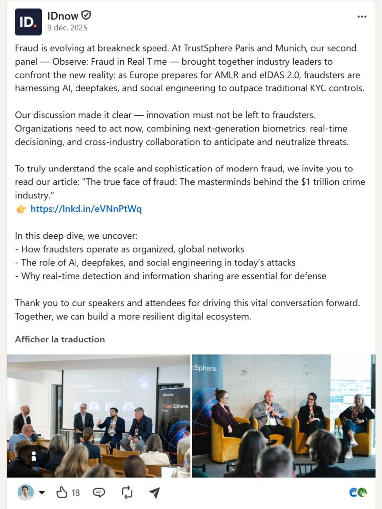 Publication LinkedIn d'IDnow du 9 décembre 2025 sur le panel Fraud in Real Time