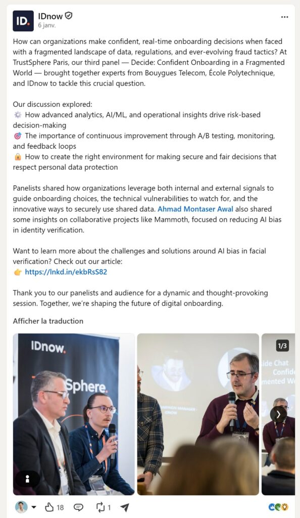 Publication LinkedIn d'IDnow du 6 janvier 2026 sur le panel Confident Onboarding
