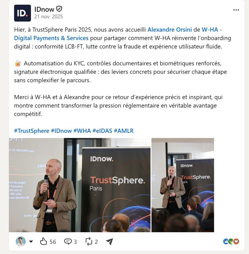 Publication LinkedIn d'IDnow du 21 novembre 2025 sur l'intervention de W-HA à TrustSphere Paris