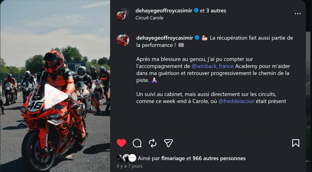 Publication Instagram de Geoffroy Dehaye en collaboration avec Winback sur le Circuit Carole